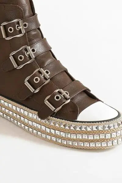 Beast Fashion Multi-Buckle Straps Studded Platform Sneakers - Multi-Buckle Straps Studded Platform Sneakers