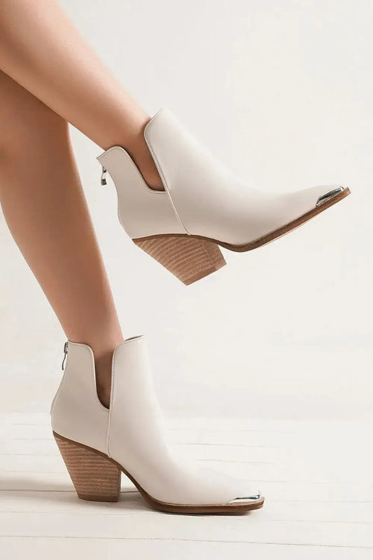 White leather block heel ankle boots with metallic toe cap and pointed design