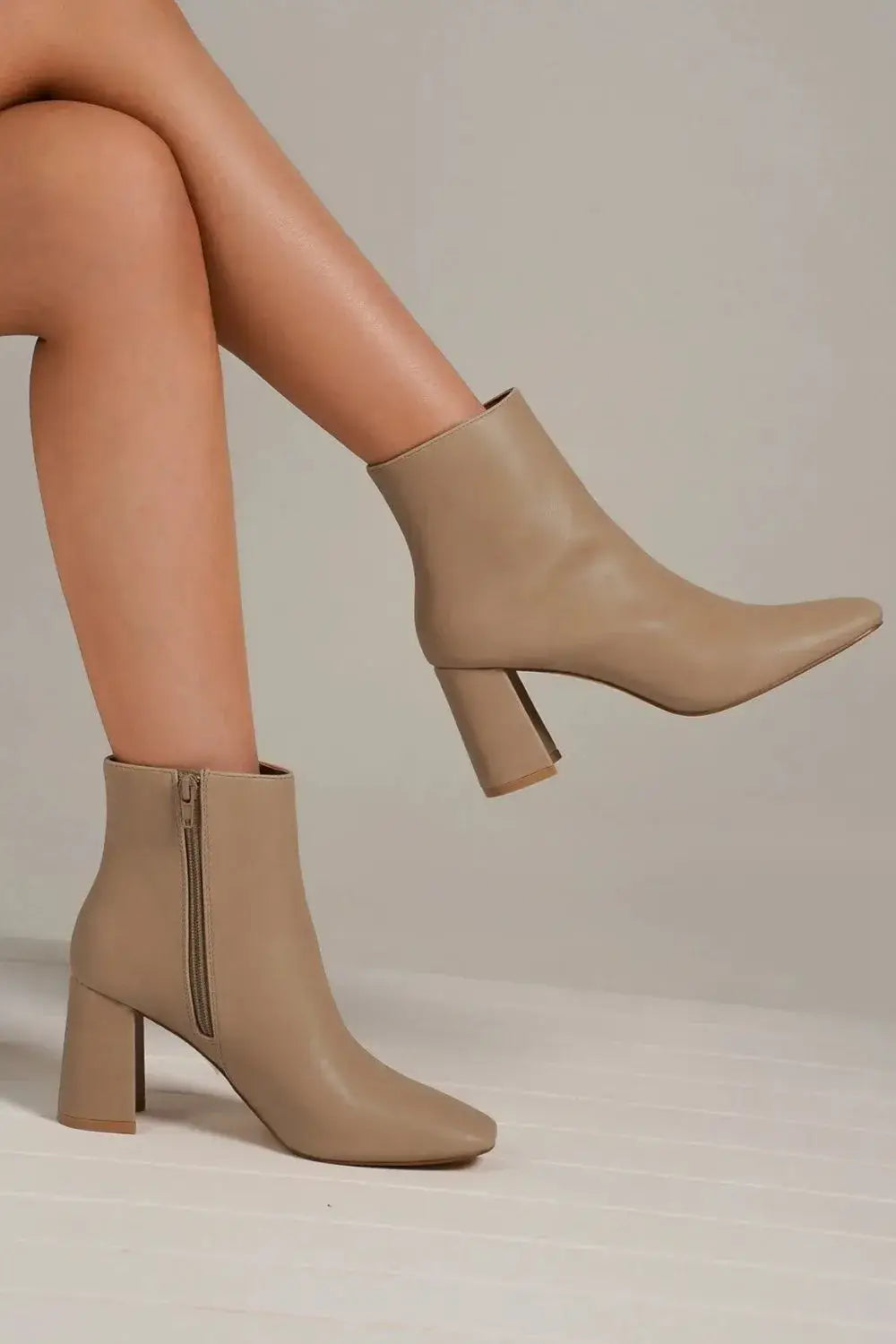 Beast Fashion PU Leather Block Heel Boots with Side Zippers - Nude / 6