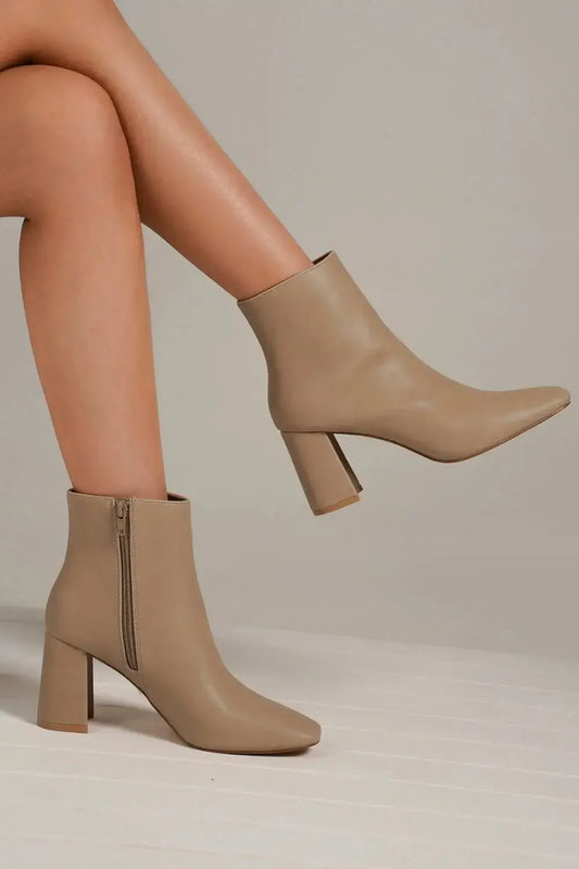 Beast Fashion PU Leather Block Heel Boots with Side Zippers - Nude / 6
