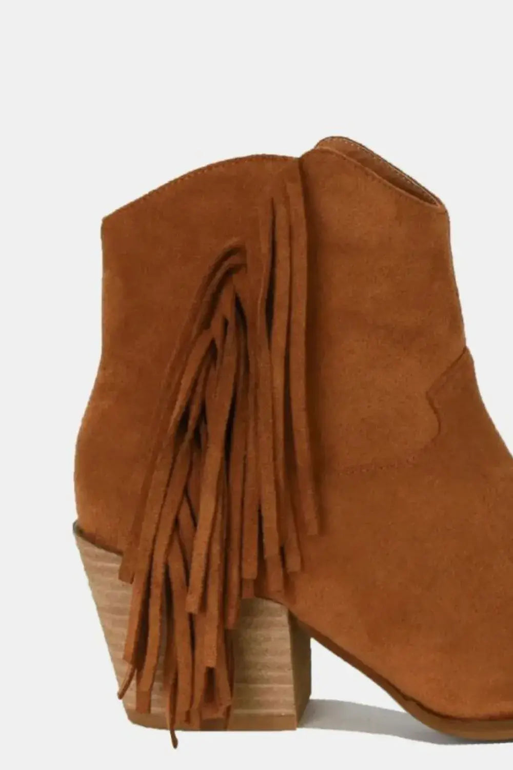 Brown suede fringe point toe ankle boot from Beast Fashion with stylish fringe detail