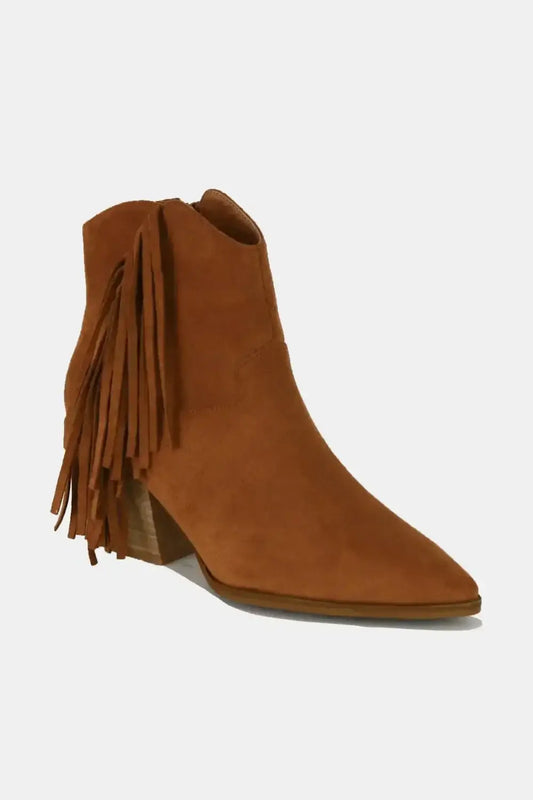 Tan suede fringe point toe ankle boot from Beast Fashion with stylish fringe detail