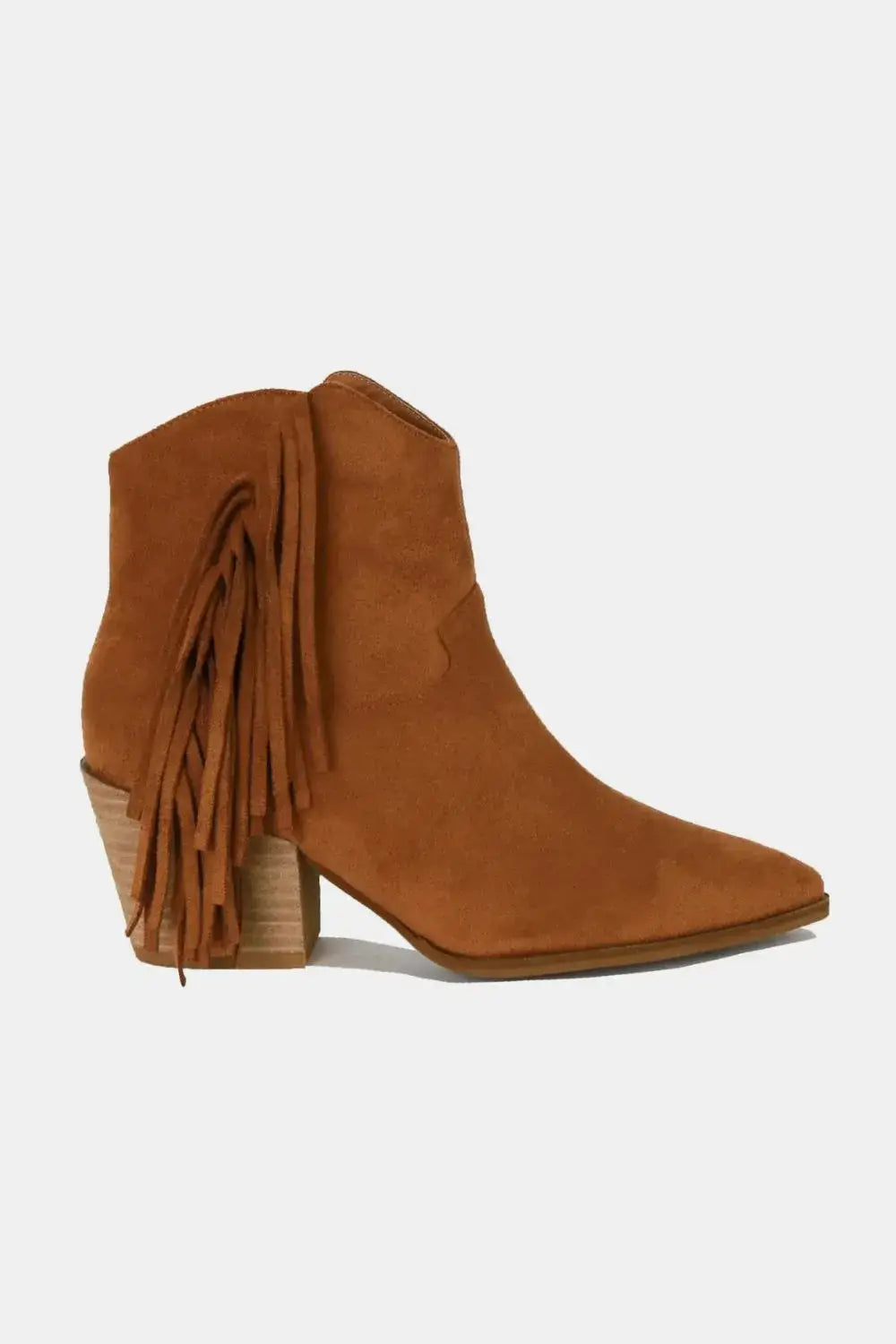 Tan suede fringe point toe ankle boot with wooden heel from Beast Fashion