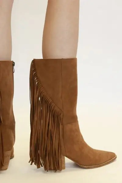 Beast Fashion Suede Fringe Point Toe Boots - Coffee / 6 - Suede Fringe Point Toe Boots