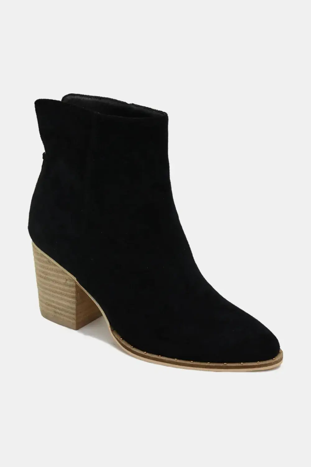 Black suede point toe ankle booties with wooden heel and elastic gusset from Beast Fashion
