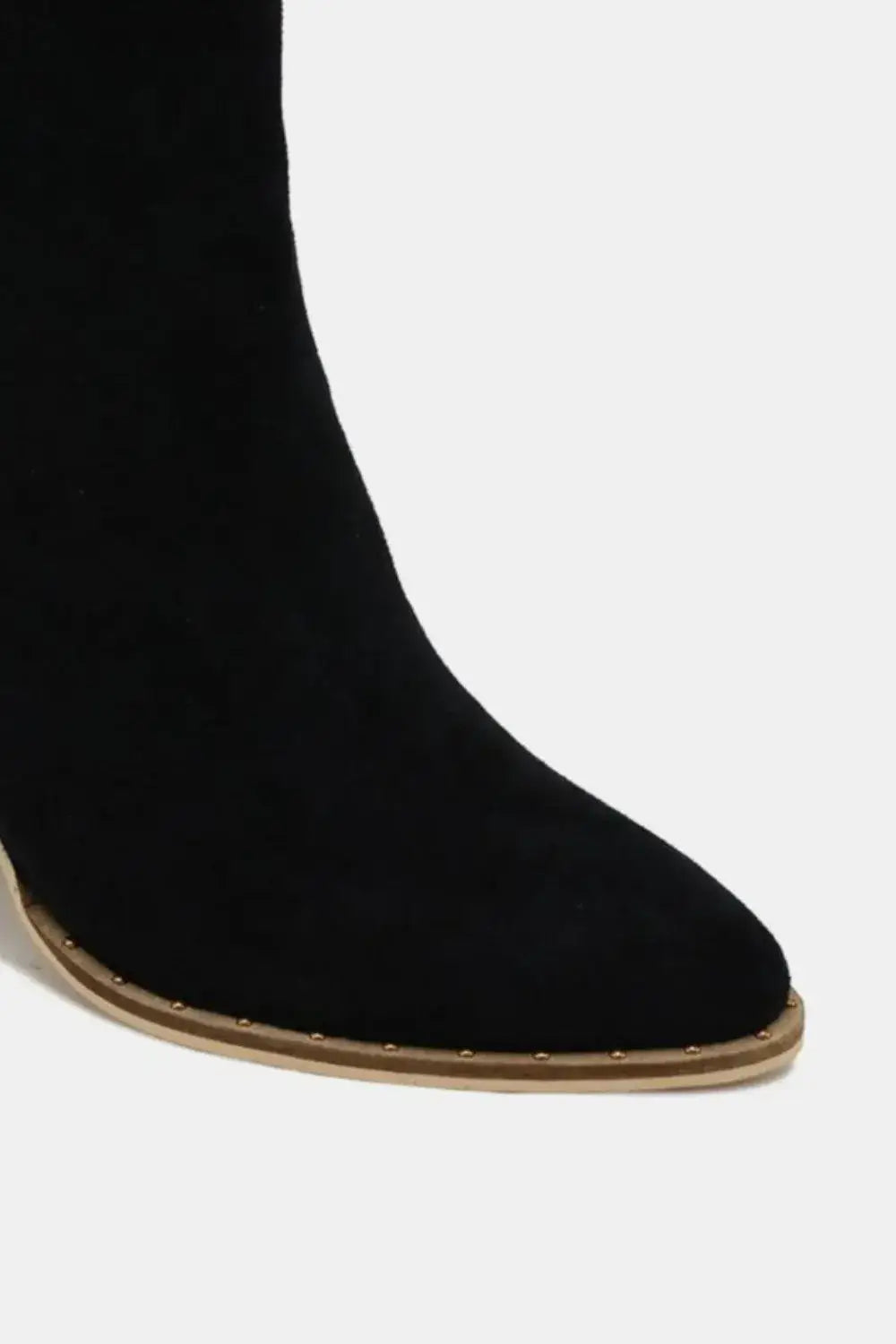Black suede point toe ankle booties with gold accents and low heel by Beast Fashion