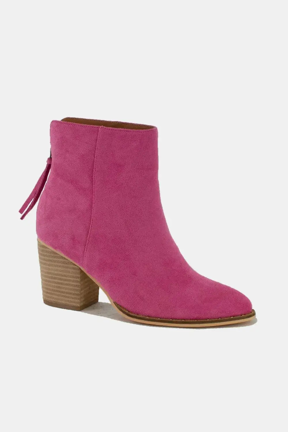 Magenta suede point toe ankle booties with wooden heel and side zipper from Beast Fashion