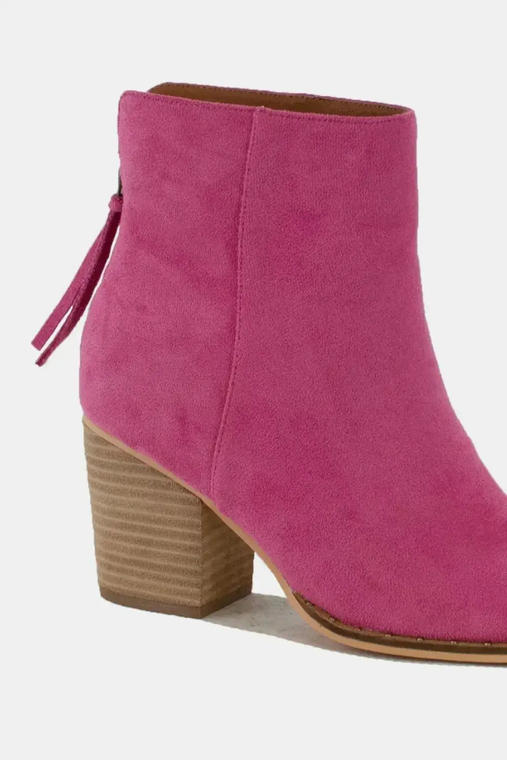 Pink suede point toe ankle booties with wooden heel and side tie from Beast Fashion