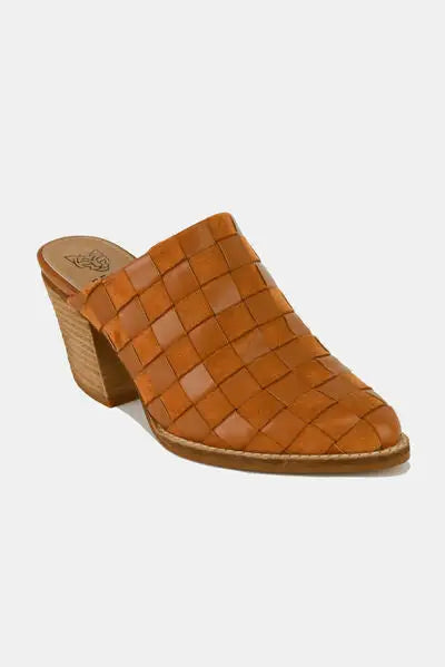 Beast Fashion Woven Checkerboard Block Heel Mule Shoes - Caramel / 6 - Woven Checkerboard Block Heel Mule Shoes