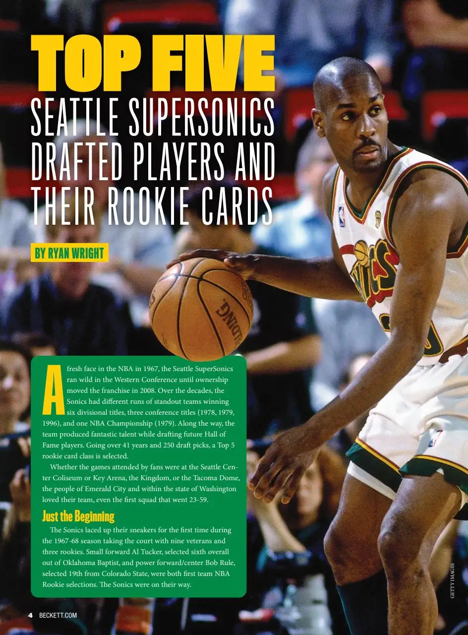 Seattle Supersonics article on a Beckett Basketball card in August 2025 NBA Champs magazine