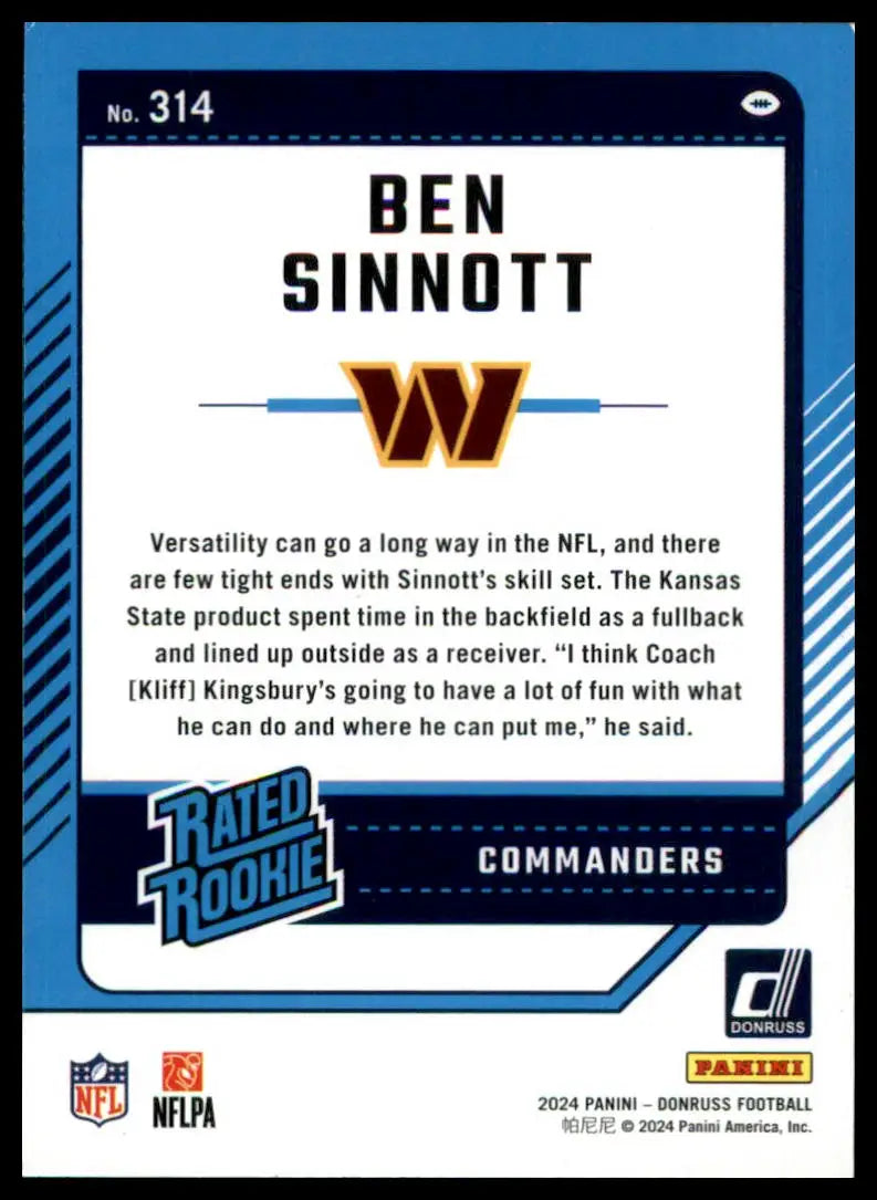 Ben Sinnott football card from 2024 Donruss Rookie series for Washington Commanders