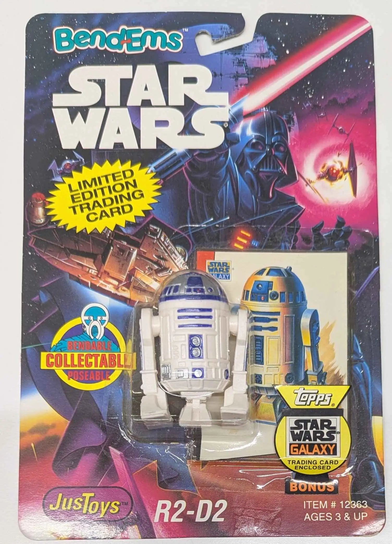 R2-D2 Bend-Ems action figure with Topps Star Wars Galaxy trading card display