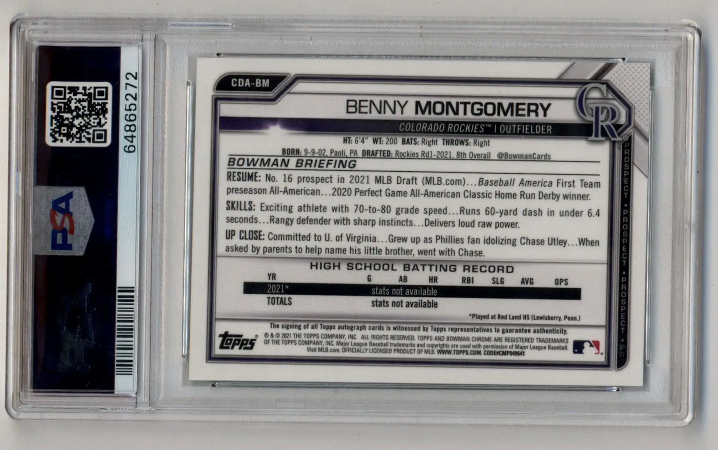 Benny Montgomery 2021 Bowman Chrome Draft Picks Green Refractor Auto 29/99 PSA 10 Gem Mint - Singles