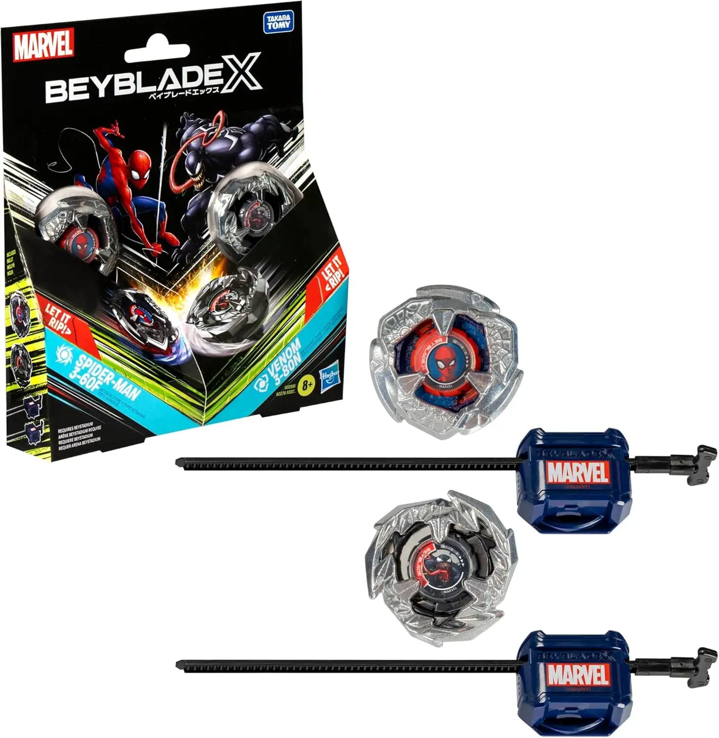 Marvel Spider-Man 3-60F and Venom 3-80N Set Beyblade X display for ultimate battles