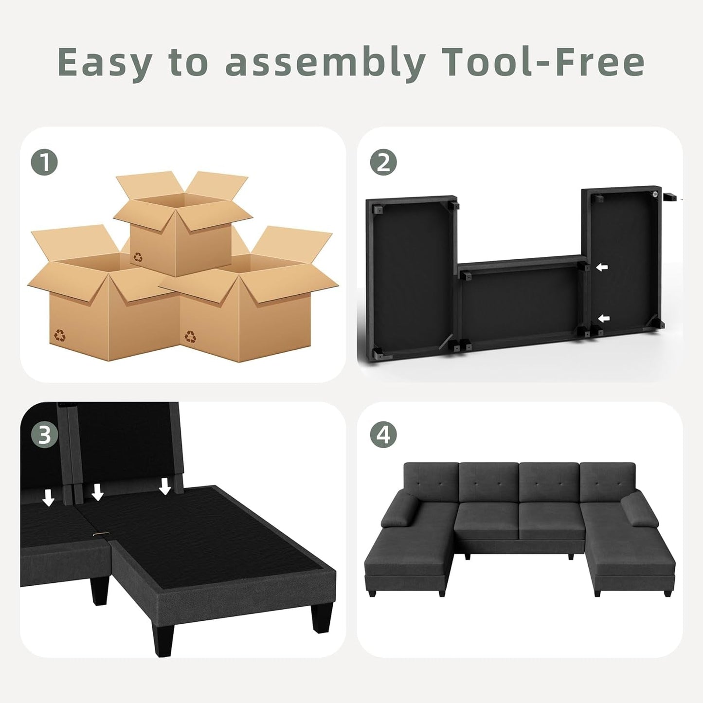 U-Shaped Sectional Sofa with Double Chaise, 4-Seat Linen Fabric Living Room Furniture Set, High-Density Cushions for Ultimate Comfort & Modern Style, Black-4