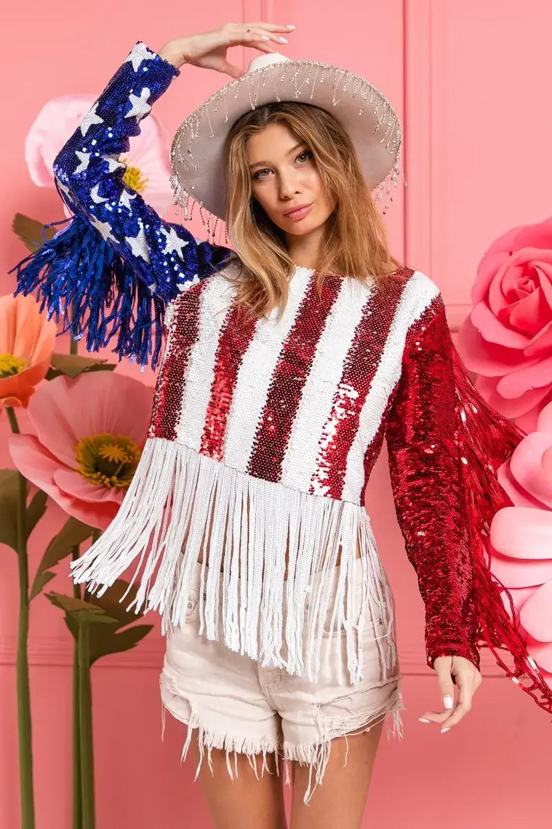 Women’s American Flag Theme Sequined Crop Top with Fringe and Distressed Shorts