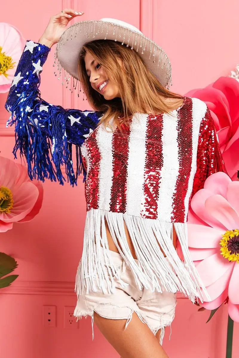 American flag theme sequined crop top with red and white stripes and star sleeves