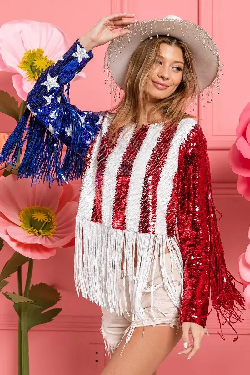 Women’s sequin American flag theme long-sleeve crop top with fringe trim