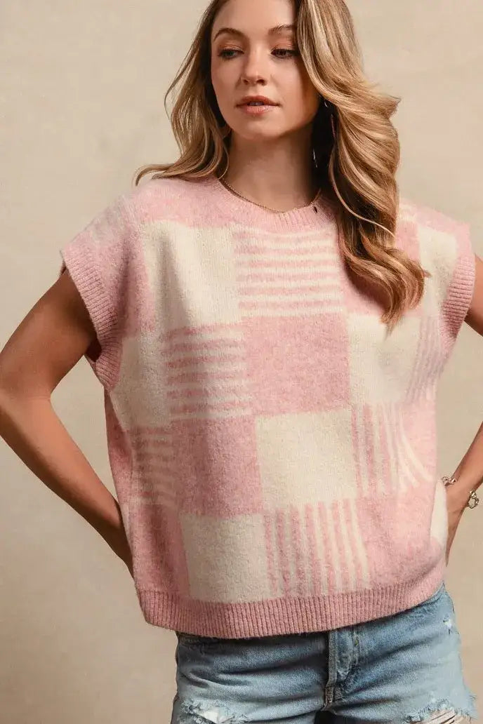 BiBi Checker With Stripes Pattern Sleeveless Sweater