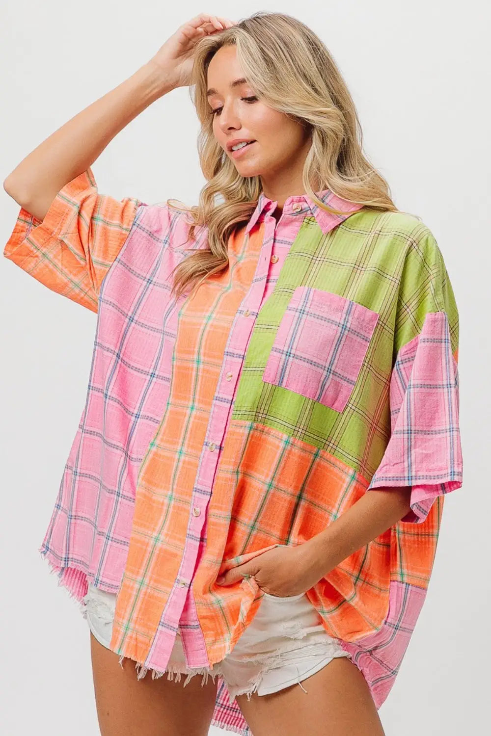 Multicolored oversized plaid collared neck half sleeve shirt for stylish casual wear