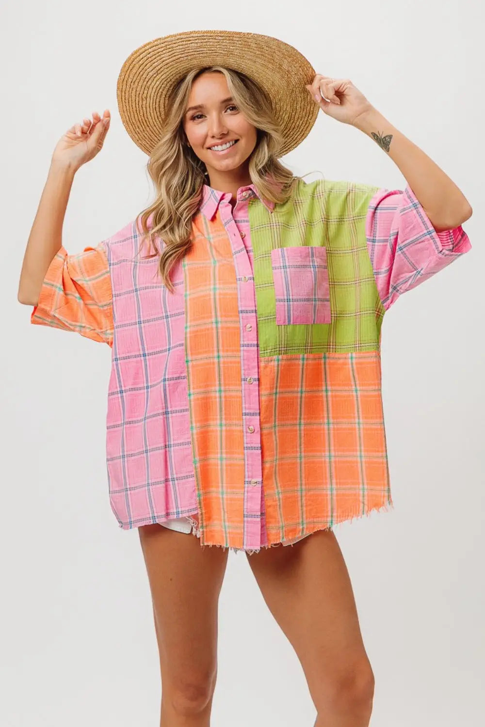 Women’s colorful plaid collared neck half sleeve shirt from BiBi Plaid Collection