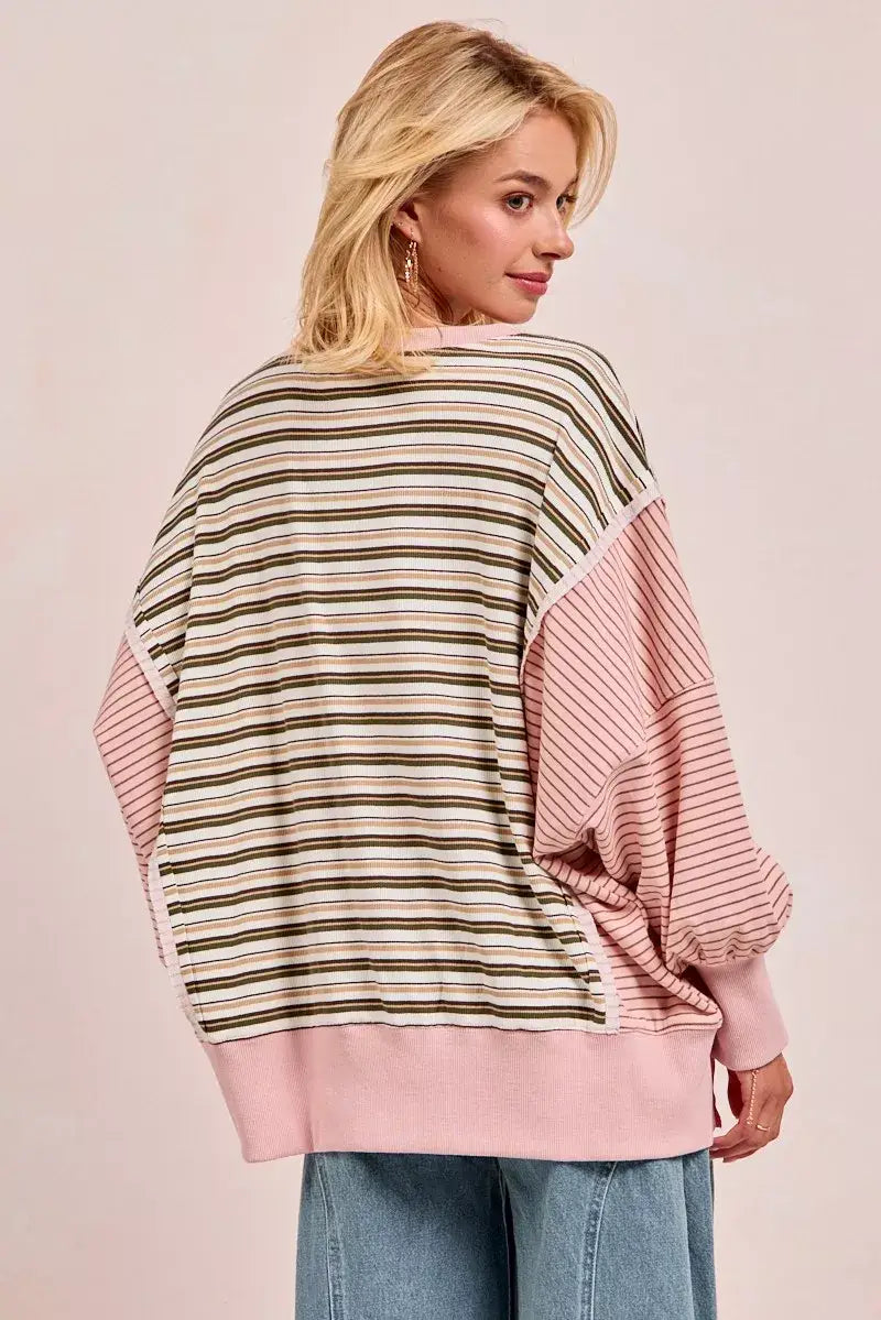 BiBi Stripe Mixed Top With Cut Edge And Reverse Outseam