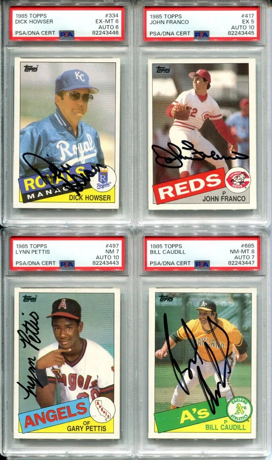Four autographed trading cards including Bill Caudill 1985 Topps PSA/DNA 8 Auto 7