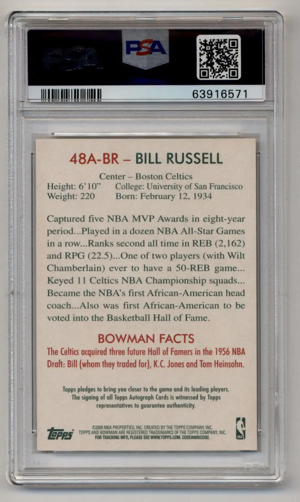 Back of Bill Russell 2009-10 Bowman 48 Auto #48ABR PSA 10 Gem Mint Auto 10 trading card