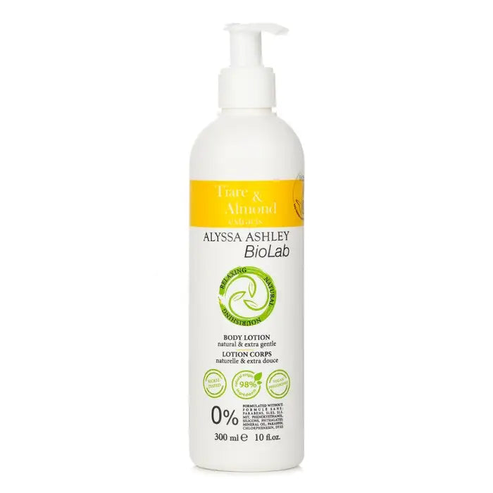 White pump bottle of Biolab Tiarè & Almond Body Lotion with yellow label
