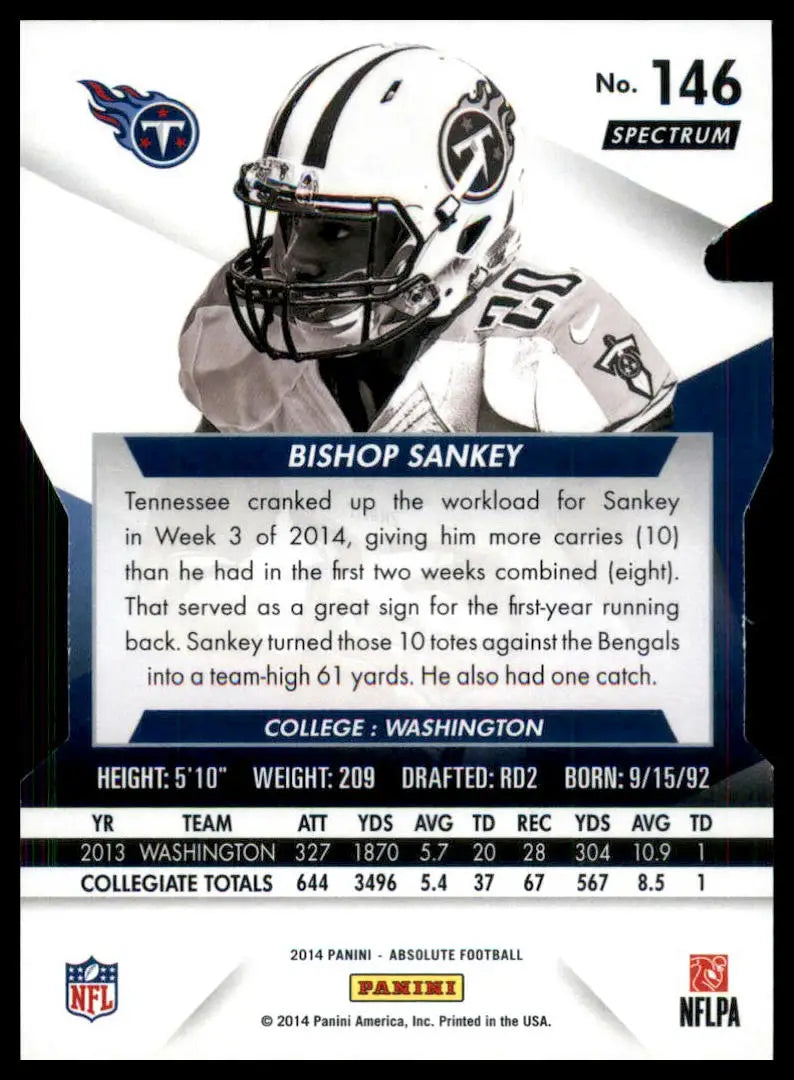 Back of 2014 Panini Absolute Football card featuring Bishop Sankey with college stats