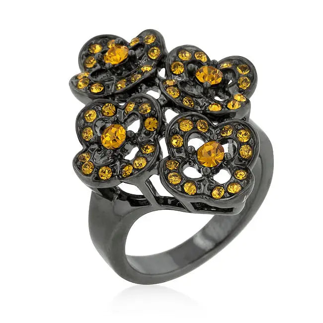 Black Mystique Yellow Crystal Floral Ring - Rings