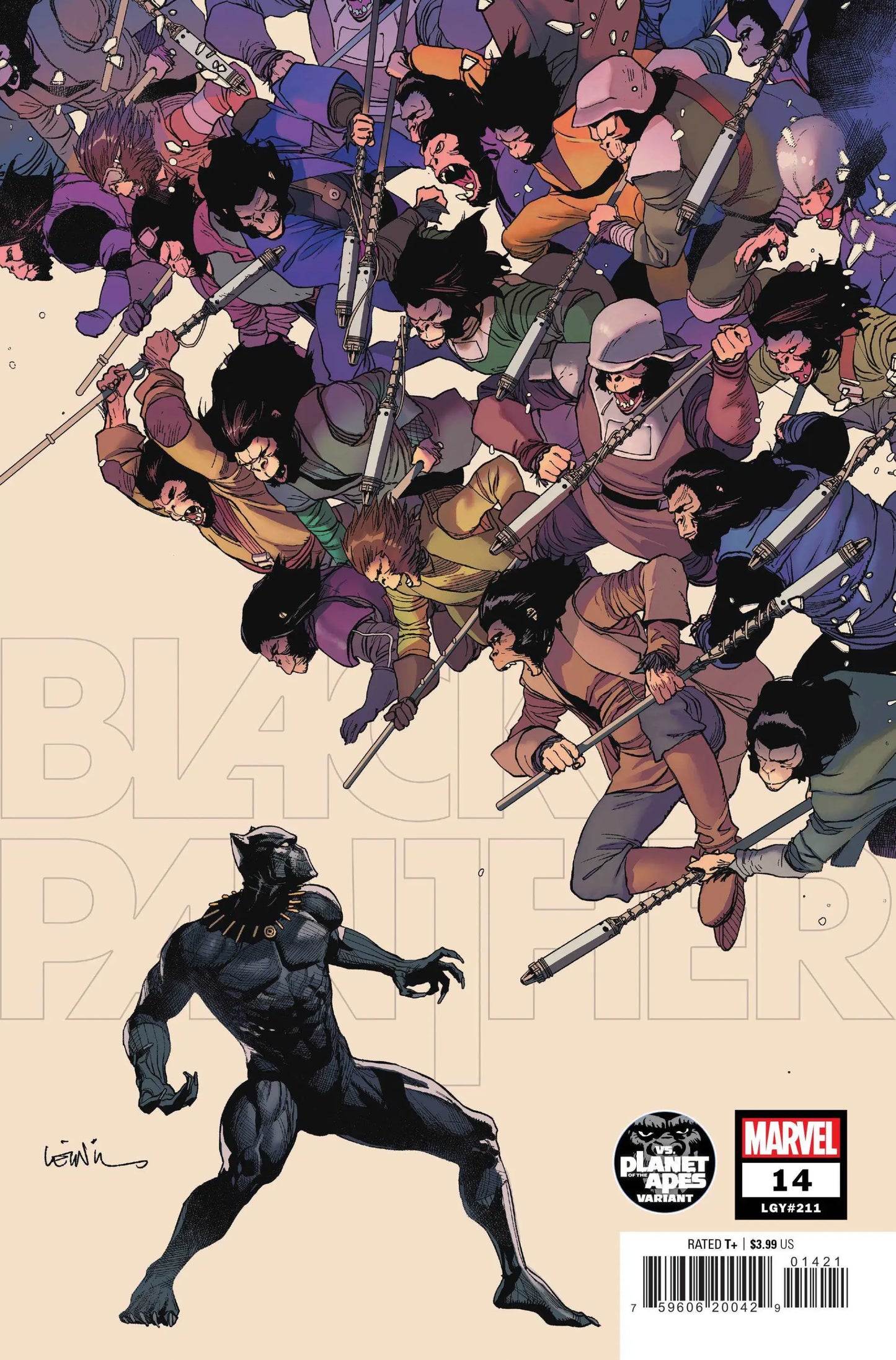 Black Panther #14 Yu Planet of the Apes Var cover art featuring a black-suited hero