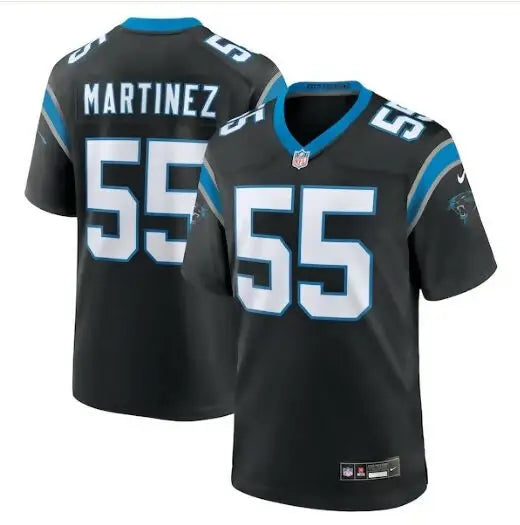 Black Carolina Panthers Nike Game Jersey with number 55 and MARTINEZ on the back