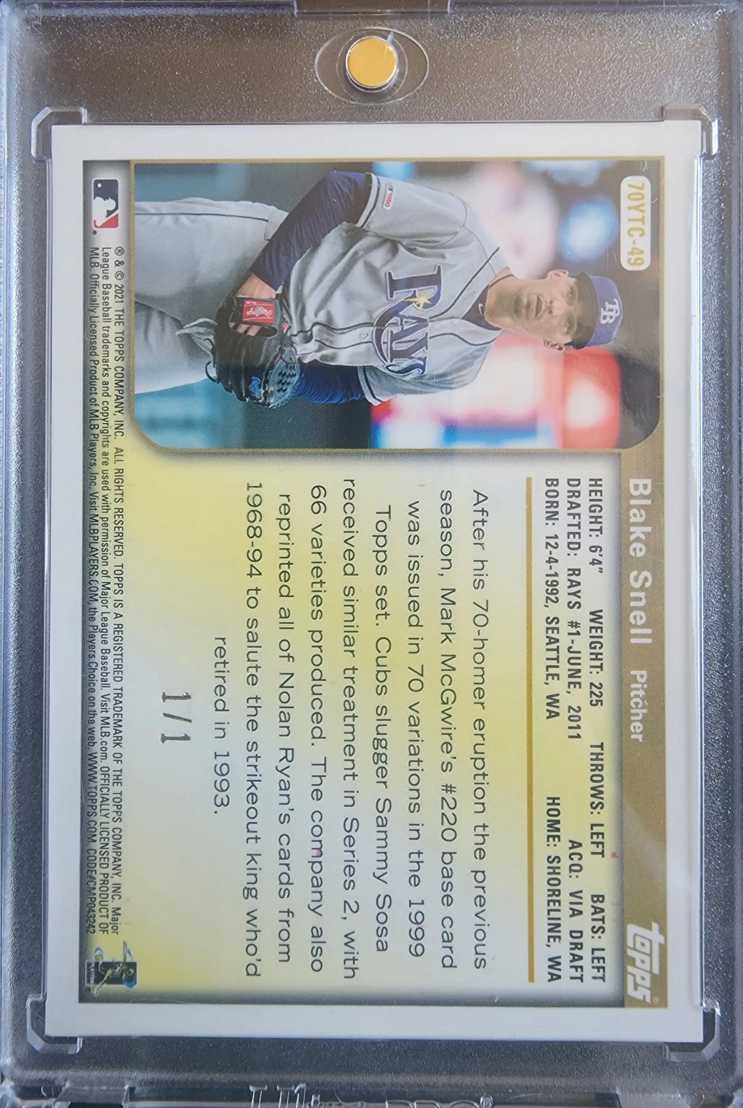 Blake Snell 2021 Topps Chrome 70th Anniversary Superfractor in protective case