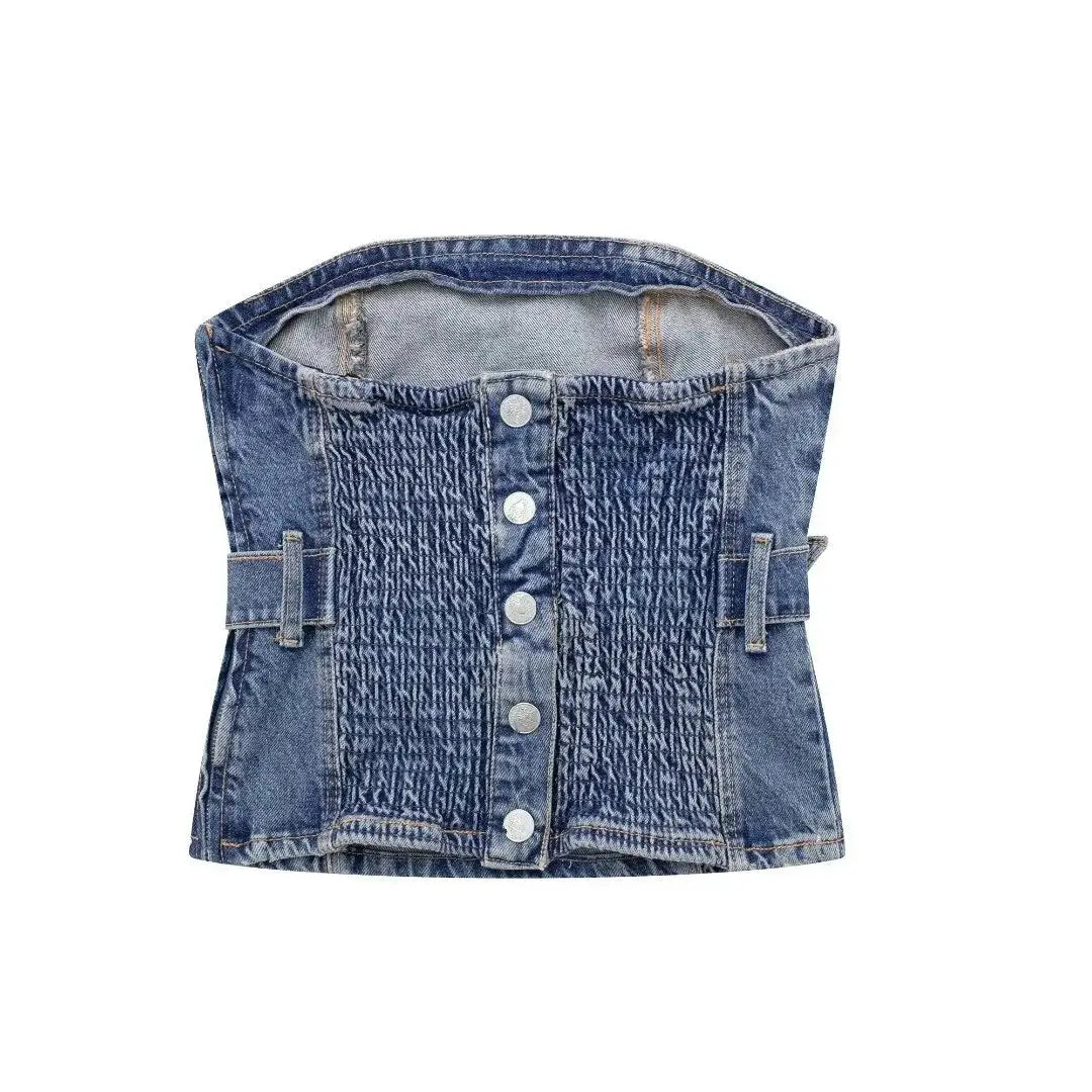 Blue denim corset top with front buttons and side buckle straps, stylish blue denim fashion