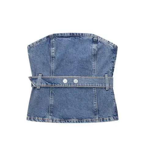 Blue denim corset top with strapless design and buckled belt for stylish look