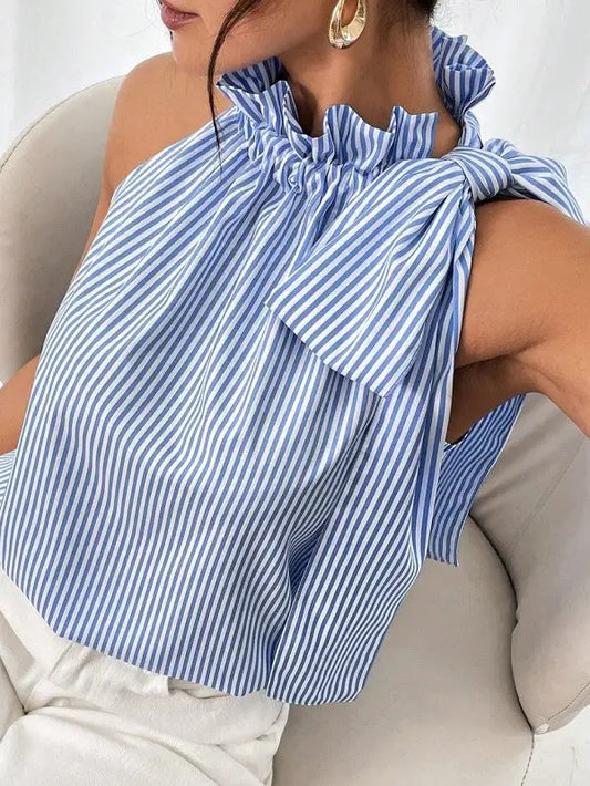 Blue and white striped sleeveless halter-neck top with ruffled neckline and shoulder tie