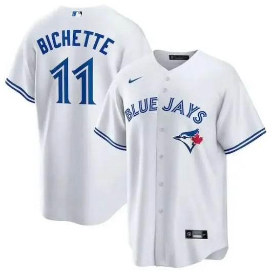White Toronto Blue Jays Nike replica player jersey with BICHETTE 11 and Blue Jays logo