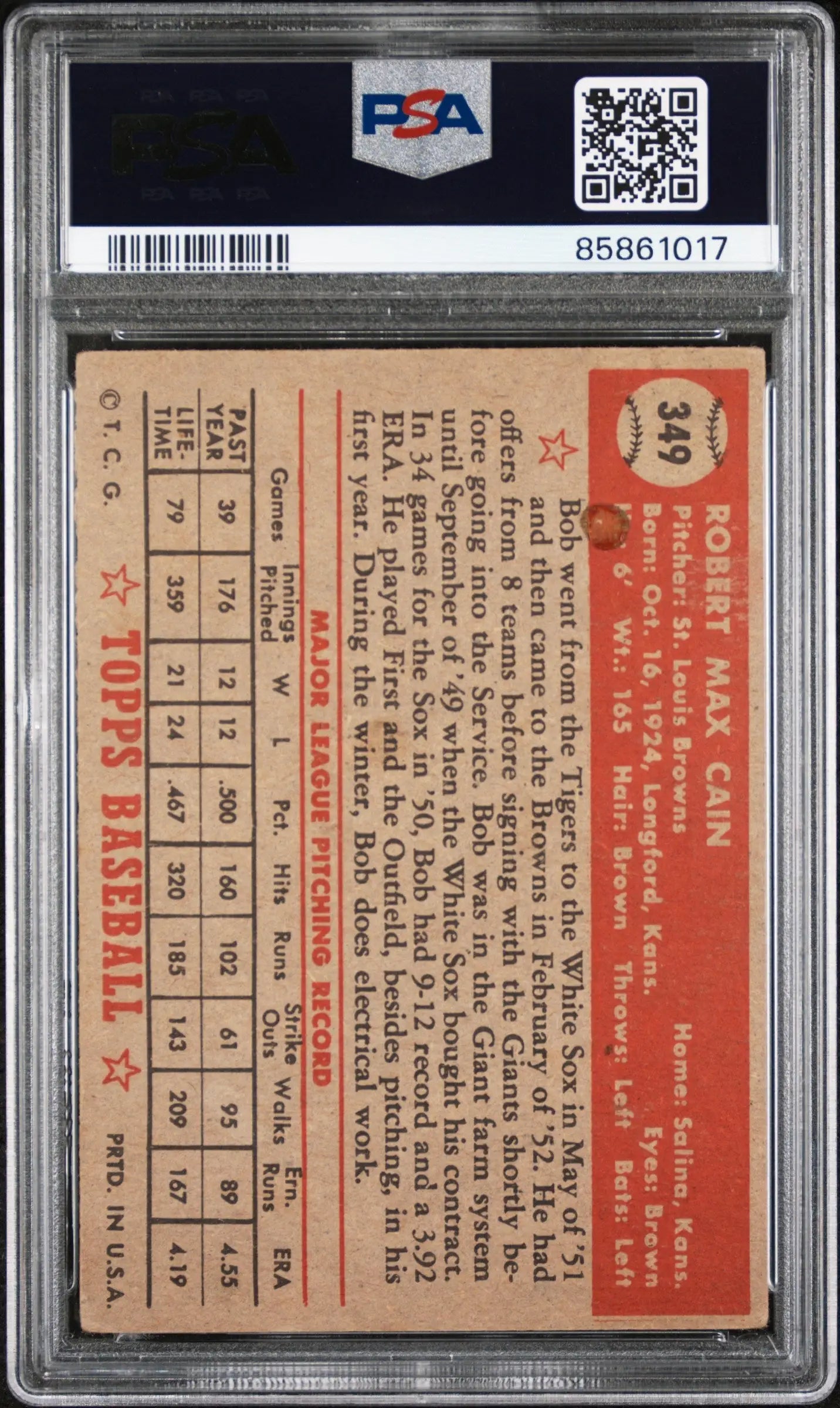 Vintage Bob Cain 1952 Topps #349 baseball card in PSA grading holder with stats