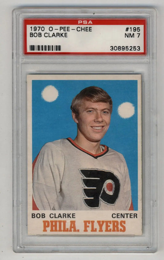 PSA-graded 1970 O-Pee-Chee Bob Clarke trading card in protective case