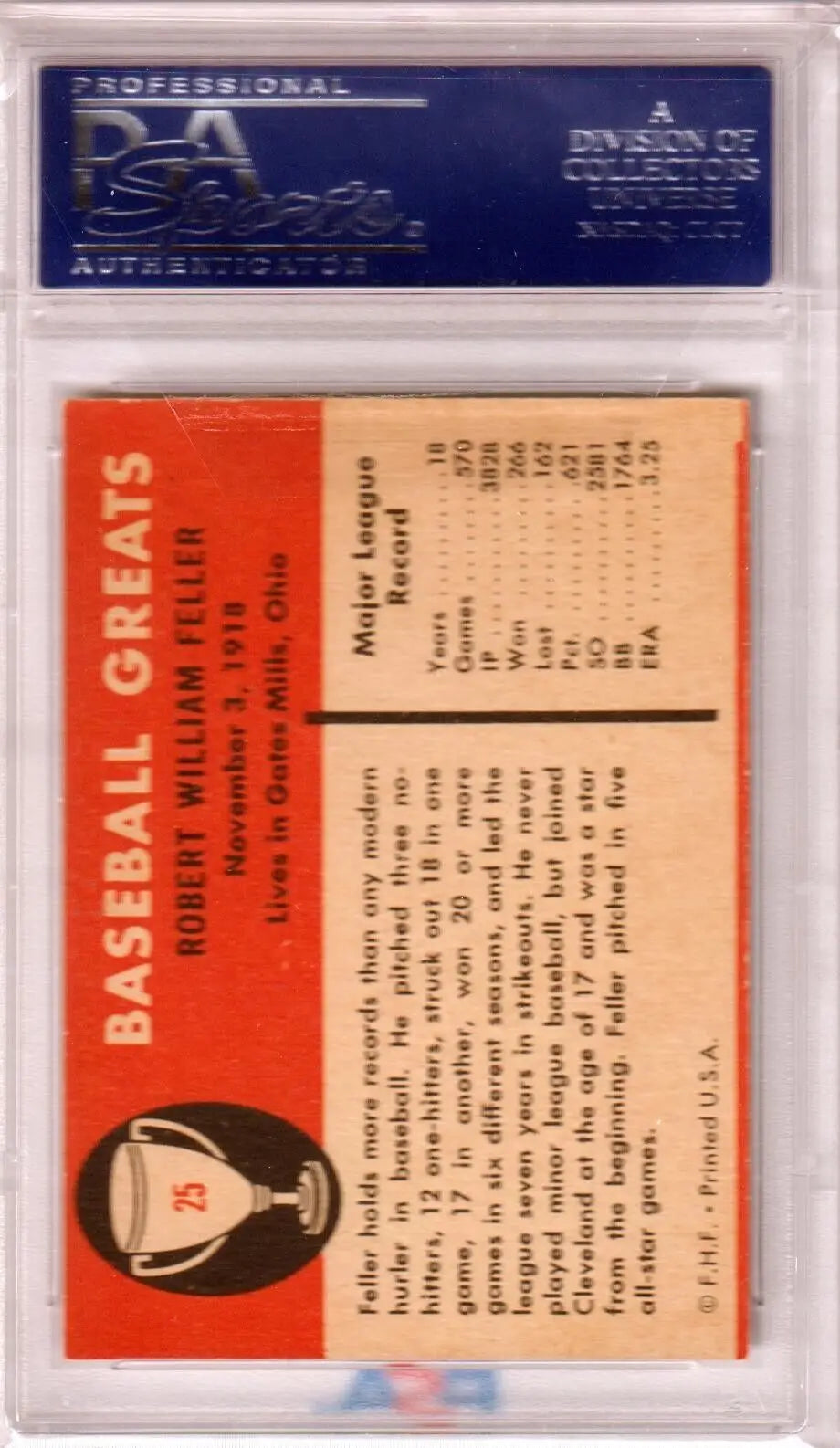 Graded Bob Feller 1961 Fleer baseball card PSA 8 NM-MT from Columbia Hobby on eBay