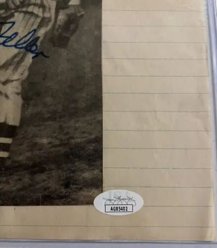 Bob Feller signed magazine scrapbook page with authentication sticker for collectors