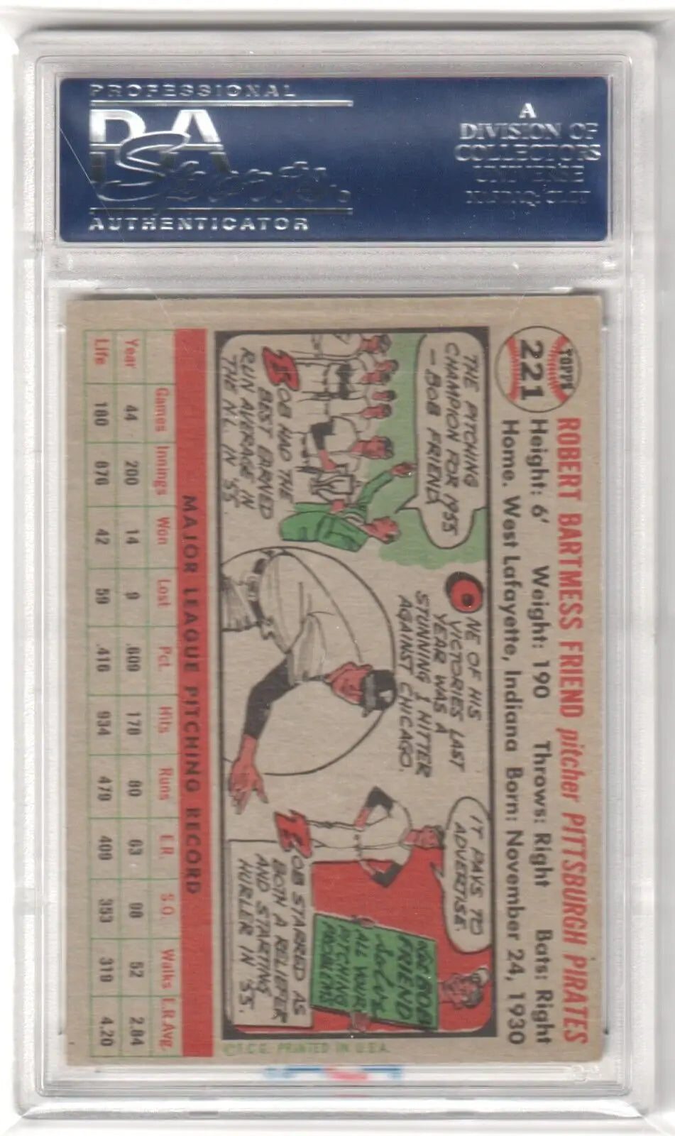 Graded Bob Friend 1956 Topps baseball card for sale at Columbia Hobby features PSA 6 grade
