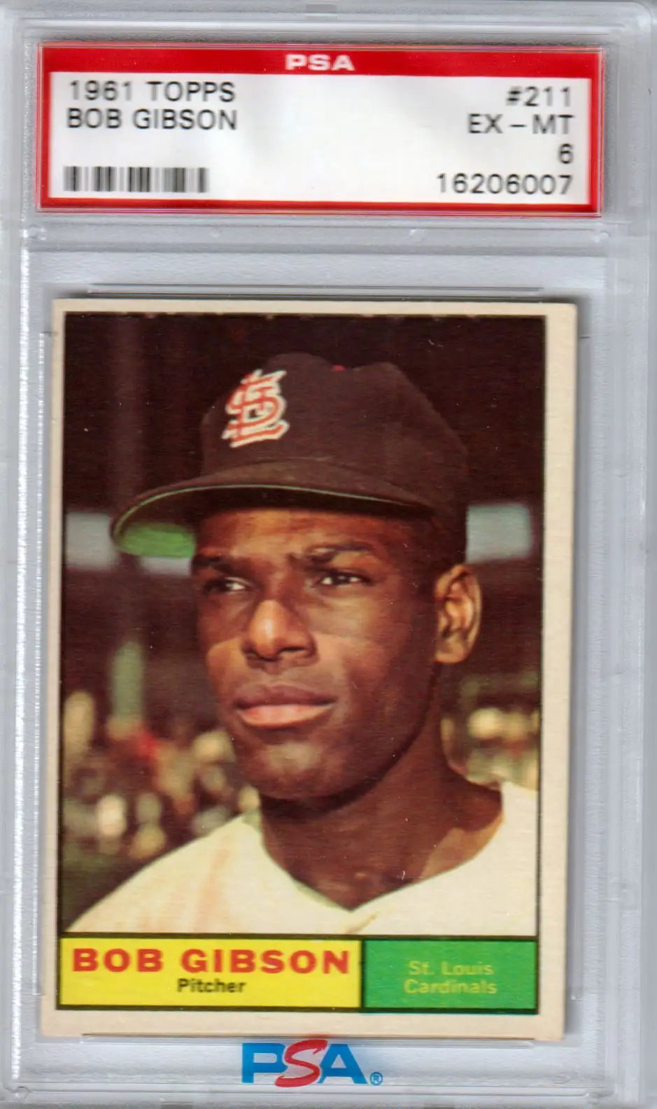 Graded 1961 Topps Bob Gibson baseball card in EX-MT condition from Columbia Hobby