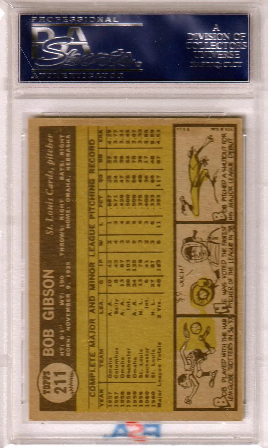 Graded Bob Gibson baseball card 1961 Topps #211 PSA 6 from Columbia Hobby