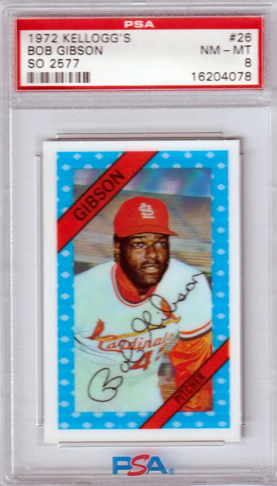 Graded Bob Gibson baseball card from Kellogg’s featuring Bob Gibson, collectible from Columbia Hobby