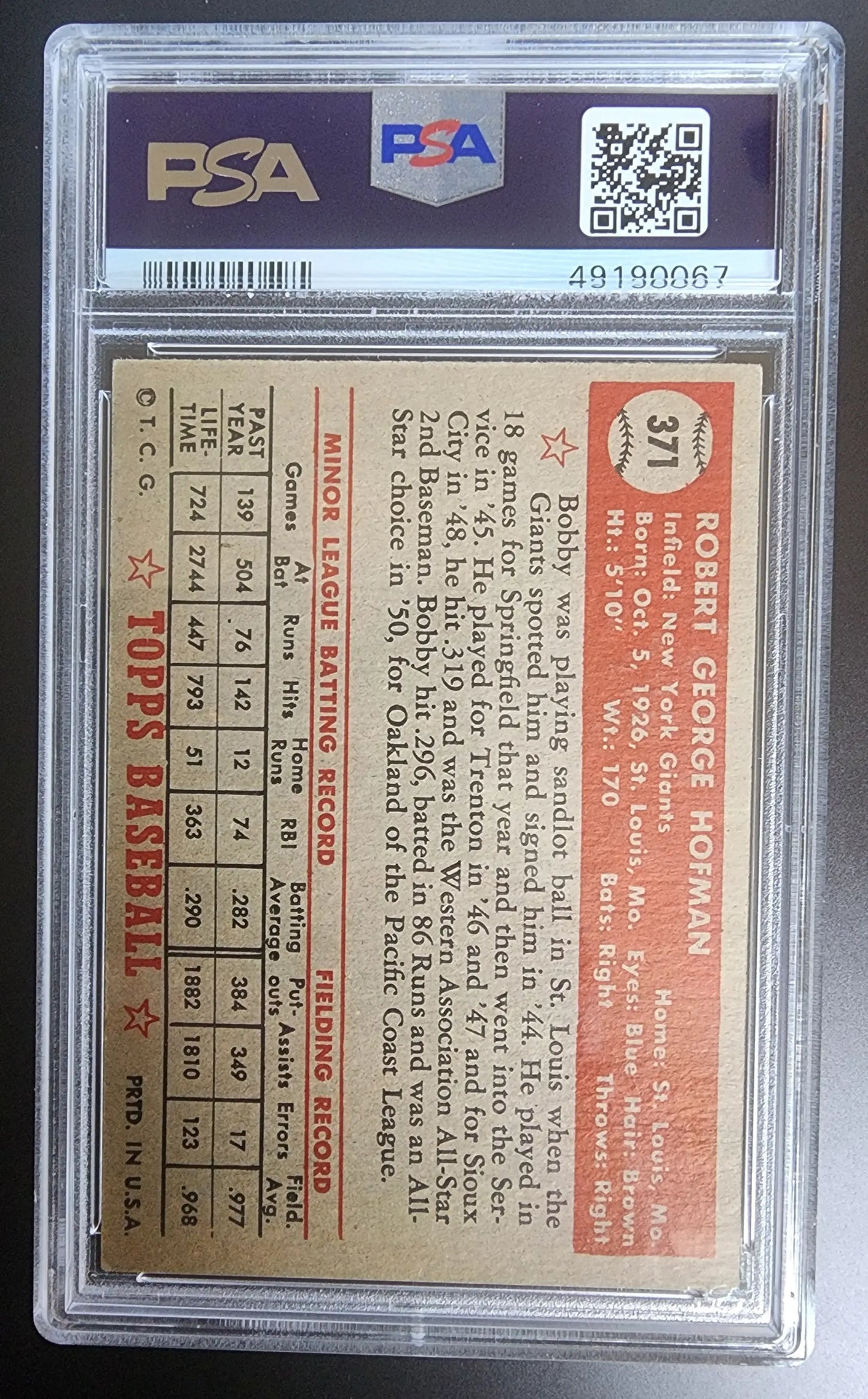 PSA-graded Bob Hofman 1952 Topps #371 trading card reverse stats in protective holder