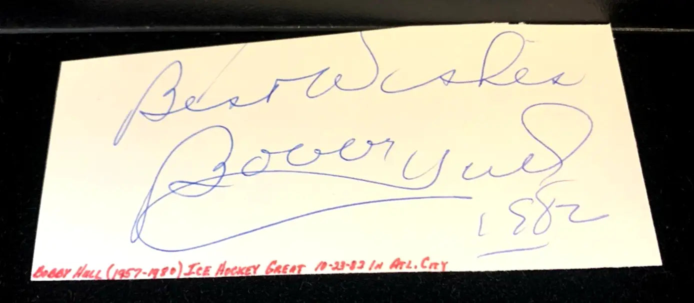 Autographed Bobby Hull hockey index card from 1982 with JSA COA display