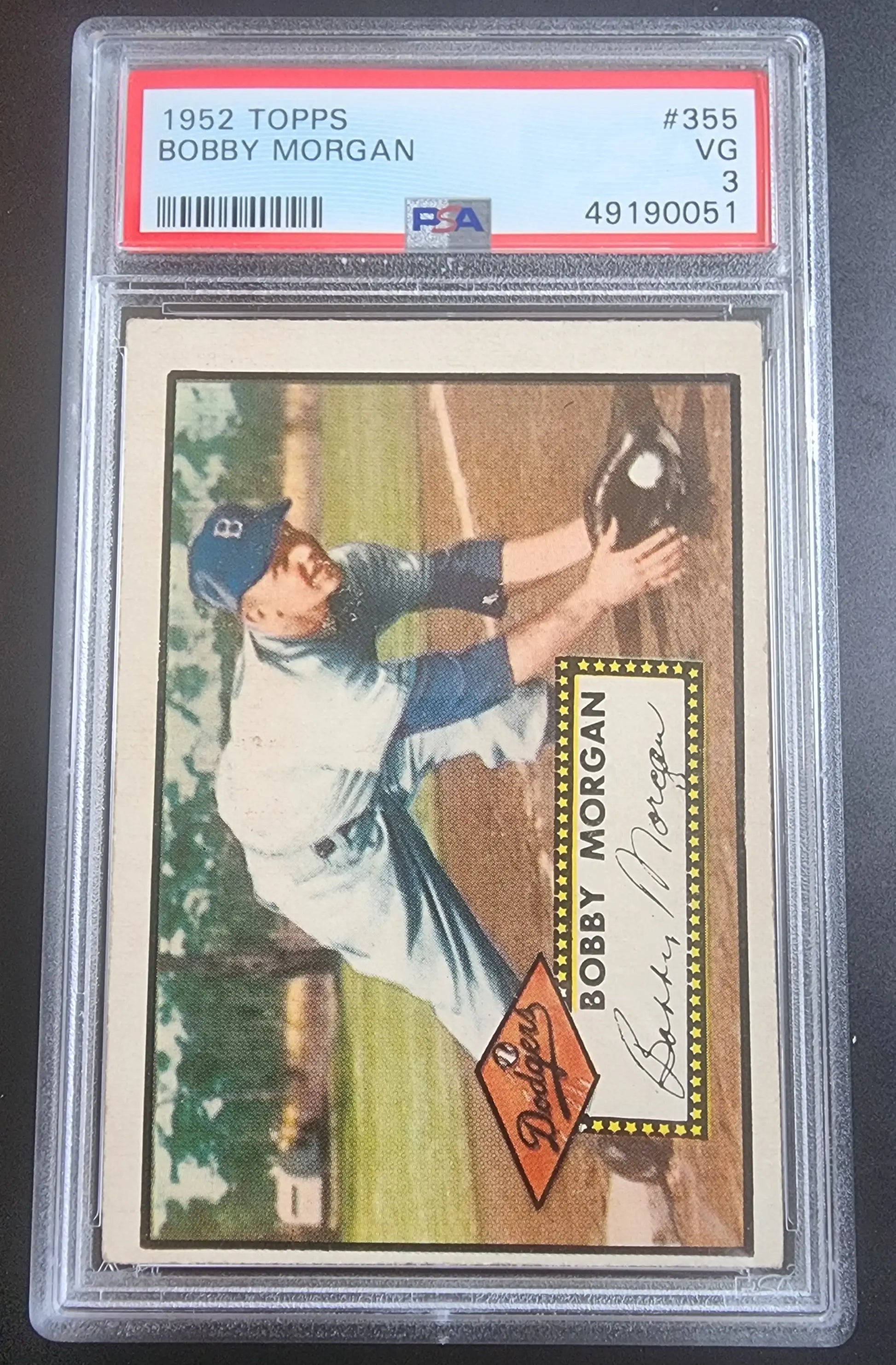 PSA-graded 1952 Topps Bobby Morgan baseball card in protective case for trading cards collectors