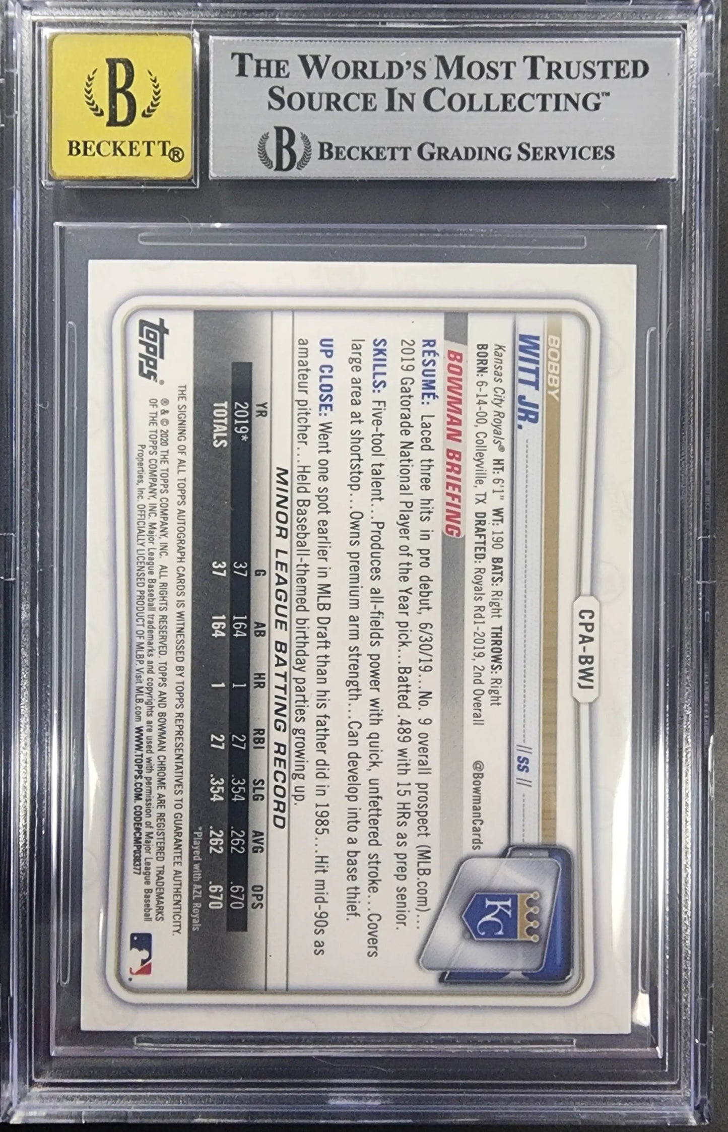 BGS-graded encapsulated Bobby Witt Jr. 2020 Bowman Chrome Blue Refractor Auto card back